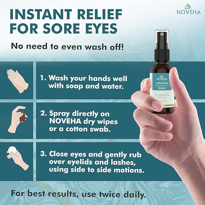 NOVEHA Eyelid and Lash Cleanser - Fast Acting Soothing Formula, Effective Relief from Irritation, Dry Eyes, Styes, Pure and Gentle Hypochlorous Acid Spray, 30mL (2 Pack)