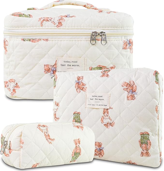3Pcs Makeup Bag Cotton Quilted Travel Cosmetic Bag Cute Floral Makeup Pouch Large Toiletry Bag for Women Girls