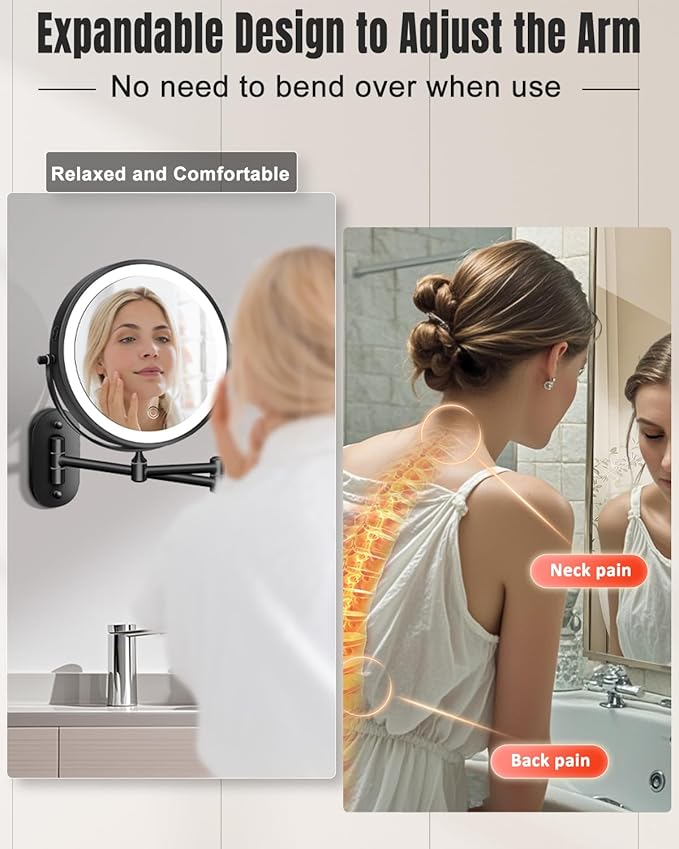30X/1X Wall Mounted Lighted Makeup Mirror, 8'' Double Sided Rechargeable Magnifying Bathroom Mirror with Light, 3 Color Lights Touch Dimmable Extended Arm 360 Rotation Light up Mirrors