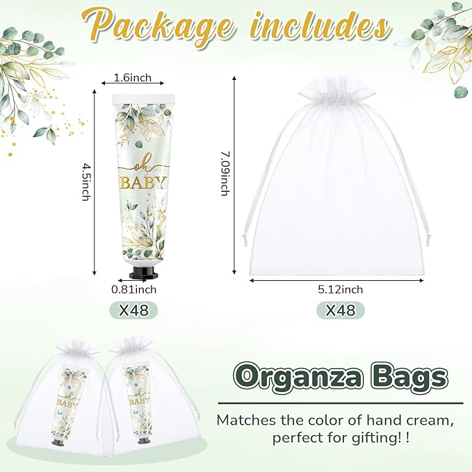 48 Sets Baby Shower Hand Cream Bulk Sage Greenery Baby Shower Favors Bridal Thank You Hand Cream for Guests Travel Size Lotion with Organza Bags