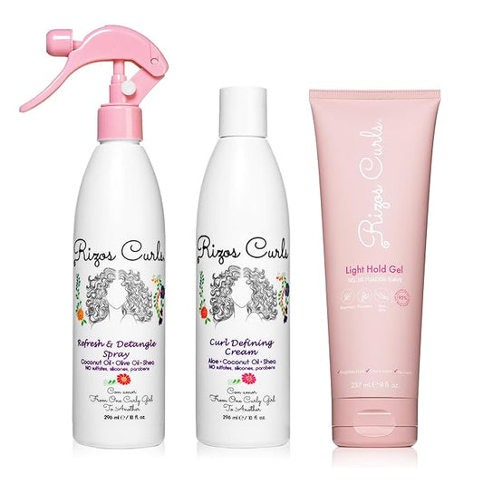 Rizos Curls Styling Starter Kit, Refresh and Detangle Spray & Curl Defining Cream & Light Hold Gel Bundle, Enhance & Define Curls, Add Volume & Hold, Frizz Control & Shine