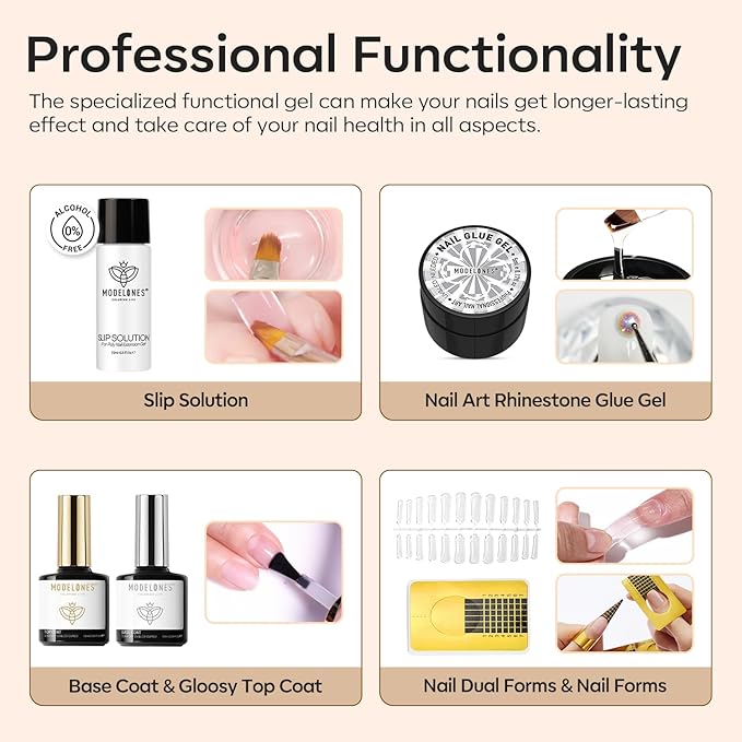 Modelones 133pcs Poly Nail Gel Kit, 32 Colors Earthy Tones Complete Extension Gel Nail Kit with 8W Lamp Slip Solution Builder Tools for Starter DIY Salon Use