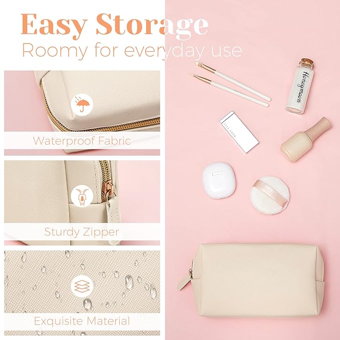 8 Pcs Makeup Bag Pu Leather Cosmetic Pouch Waterproof Small Toiletry Bag Portable Cosmetic Organizer Water Resistant Storage Purse for Lady Women Daily Storage Travel Organizer (Beige,Medium)