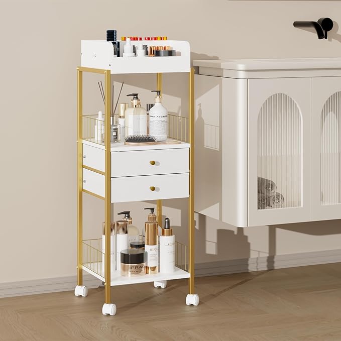 Makeup Organizer Cart Shelf Floor Skincare Organizers Make Up and Station Storage Cabinet For Vanity Standing Cosmetics With Drawers and Wheels For Nail Polish Perfume Hair Tool Holder Beauty(Gold)