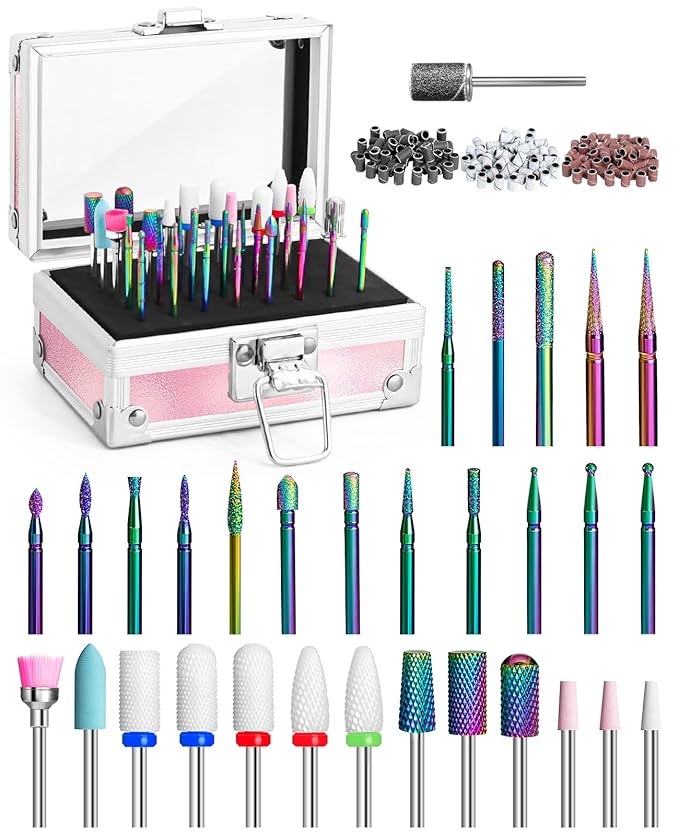 Onism 30Pcs Nail Drill Bits Set - 3/32 Inch Tungsten Carbide Ceramic Nail Bits Kit with Nail Tool Box & Sanding Bands, Professional Manicure Pedicure Remover for Acrylic Gel Nail Polish, Pink