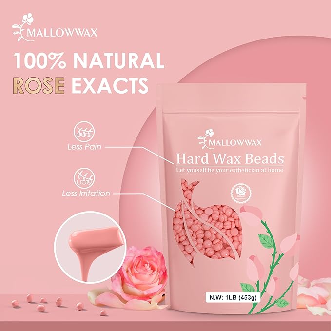 Hard Wax Beads, 1LB Pink Rose Wax Beans for Hair Removal, Waxing Beads Refill for Sensitive Skin, Perfect for Facial, Brazilian, Upper lip, Cheeks and Bikini Waxing at Home for Women Men