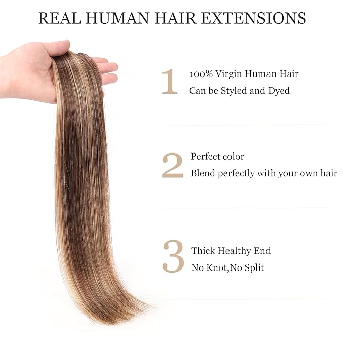 Clip In Human Hair Extensions,Double Weft Real Hair Extensions 70g 7pcs Straight Human Hair Clip In Extensions 18Inch Chocolate Brown to Caramel Blonde #4/27 Human Hair Clip In Hair Extensions