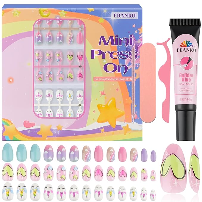 78 Pieces Press on Nails for Kids, EBANKU 3 Pack Kid Fake Nail Kit Old Colorful Heart Press on Nails for Girls 8-12 Years with Jelly Nail Adhesives & Nail Builder Glue