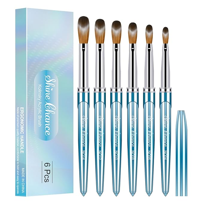 6 Pcs Acrylic Nail Brushes Set, Kolinsky Hair Nail Art Brushes, Art Design & Polish Mistake Cleaning Manicure Tools for Women (Sizes 4, 6, 8, 10, 12, 14)