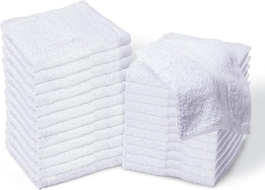 Bulk Spa White Washcloths – Set of 24 – Size 12” x 12” – Thick Loop Pile Washcloth – Absorbent and Soft 100% Ring-Spun Cotton Wash Cloth – Lint Free Face Towel – Wash Cloths Perfect for Bathroom