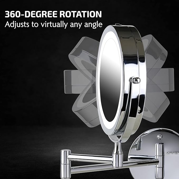 OVENTE 7" Lighted Wall Mount Makeup Mirror with 1X/7X Magnification, Cordless Double Sided Magnifying Round Vanity Mirror, 360° Swivel Design, Extendable and Folding Arm, Polished Chrome MFW70CH1X7X