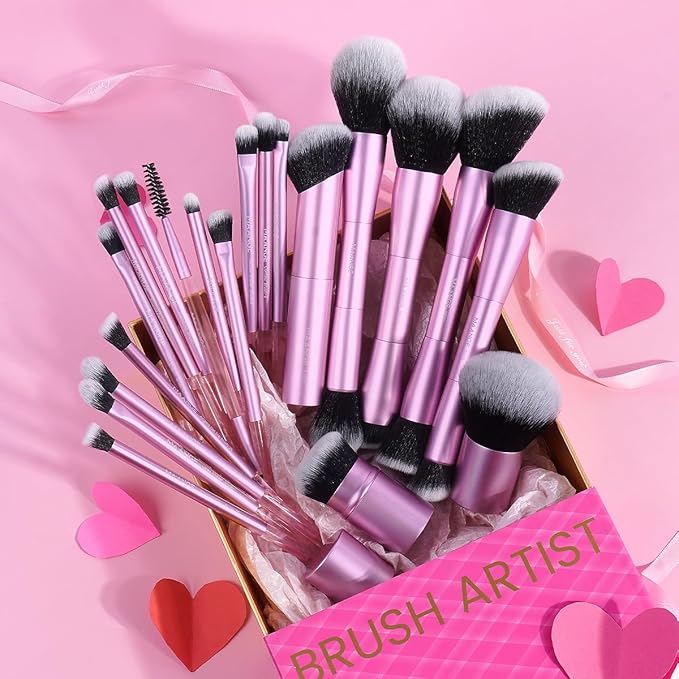 MAANGE 20 PCS Foundation Makeup Brush Set, Double-ended Kabuki Contour Brush for Liquid Powder Concealer Blending Blush Buffing Makeup Tools (Pink)