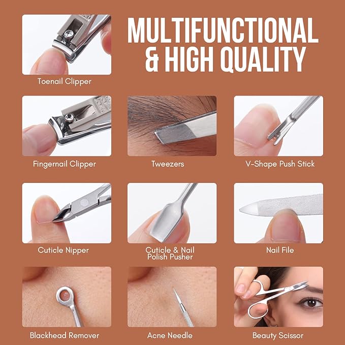 FAMILIFE Manicure Set, Nail Clippers Pedicure Tool, 8 pcs Stainless Steel Manicure Kit Professional Grooming Tool, Nail Kit with Portable Brown Leather Travel Case Luxury Gifts for Men