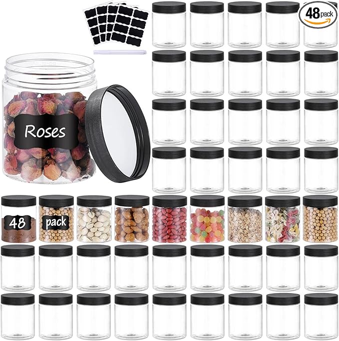 48PCS 8OZ Plastic Jars with Screw On Lids, Pen and Labels Refillable Empty Round Slime Cosmetics Containers for Storing Dry Food, Makeup, Slime, Honey Jam, Cream, Butter, Lotion