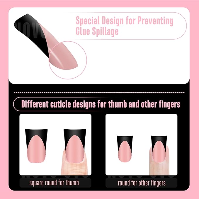 Black French Tip Short Duck Nail Tips Press on, BABY PINK Pre-designed Soft Gel Nail Extension, Extra thick Full Cover Matte Vrial False Nails for DIY x 12 Sizes 240 pcs