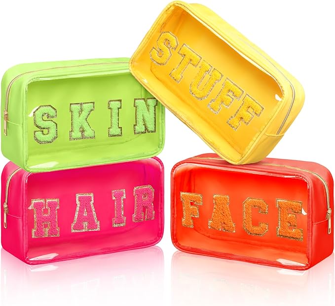 Pinkunn 4 Pcs Preppy Makeup Bags Christmas Chenille Letter Bag Face Skin Hair Stuff Cosmetic Bag Corduroy Makeup Pouch with Zipper Birthday Gifts for Women(Warm Color)