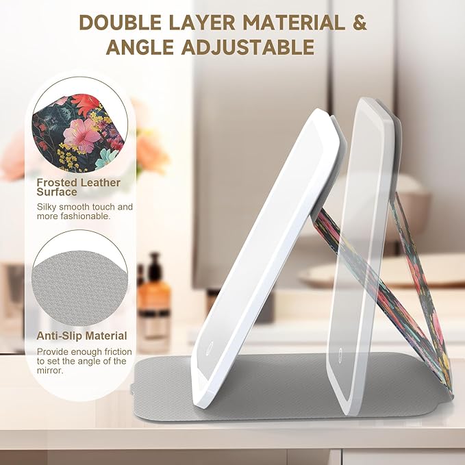 Mocado Travel Makeup Mirro with Lights, 360° Rotation Lighted Makeup Mirror, Portable Mirror with 10x Magnification, 3 Color Lightings, Dimmable Touch Screen, Tabletop Light up Mirror(Flower)