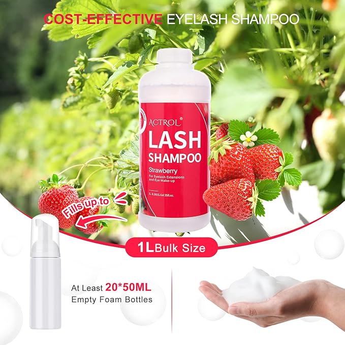 Eyelash Extension Cleanser Strawberry 1L Natural Lash Extension Shampoo Professional Eyelid Foaming Cleanser Paraben & Sulfate Free Non-lrritating with Salon and Home Care