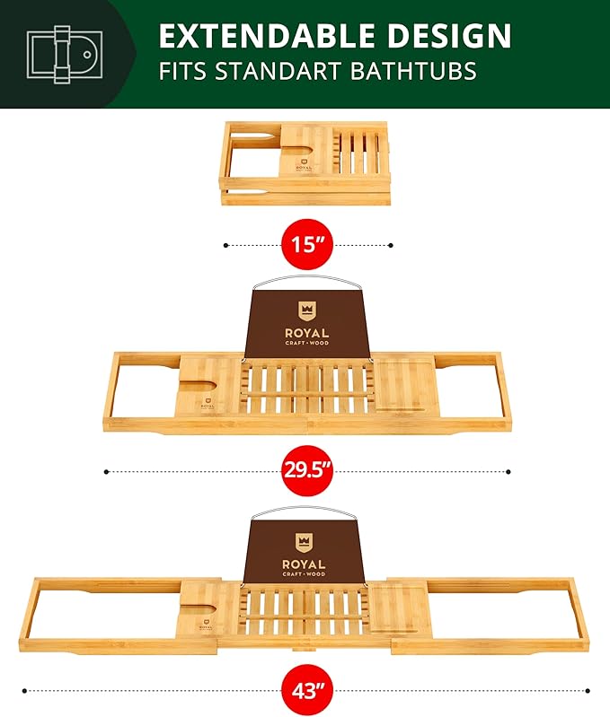 ROYAL CRAFT WOOD Premium Foldable Bathtub Tray - Wood Bath Tray for Tub, Bamboo Shelf, Expandable Bath Table Trays, Bathtub & Bathroom Accessories for New Home & Mothers Day & Birthday Gifts for Mom