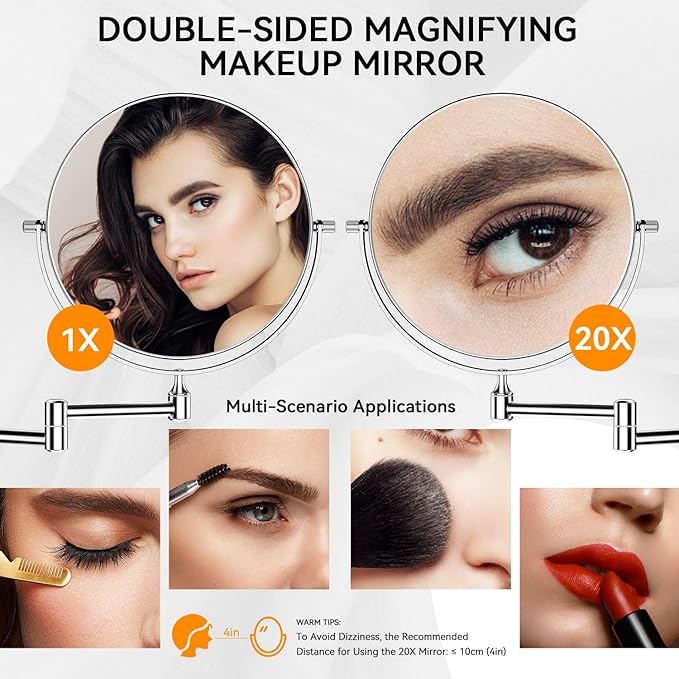1X/20X Wall Mounted Makeup Mirror, 8'' 20X Magnifying Double-Sided Mirror with Tweezers, Bathroom Vanity Makeup Mirror, Cosmetic Mirror with 360 Rotation Extendable Swivel Arm, Chrome