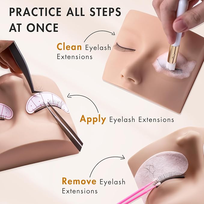 Lash Extension Practice Kit, Eyelash Extension Training Kit for Beginners, Professional Eyelash Mannequin Head Set with Lash Fan, Lash Shampoo, Lash Adhesive, Glue Rings and Lash Mirror