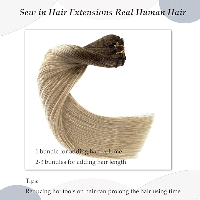 Weft Hair Extensions Human Hair, Sew in Hair Extensions Real Human Hair Bundles 16 Inch 100G Ash Brown to Platinum Blonde Hair Extensions Human Hair Weft Weave Bundles for Women