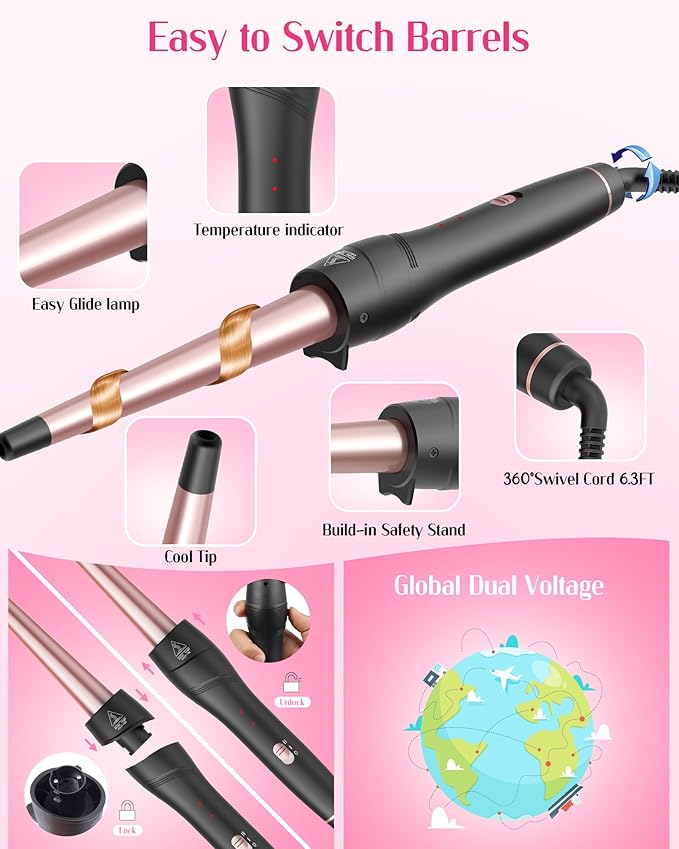 ANIEKIN 5 in 1 Curling Iron Set, Fast Heat Up Curling Wand from 3/8 to 1 1/4 Inch and a Thermal Brush Come with, Dual Voltage Hair Curler for Women All Hair Types and Travel Use, Gifts for Women
