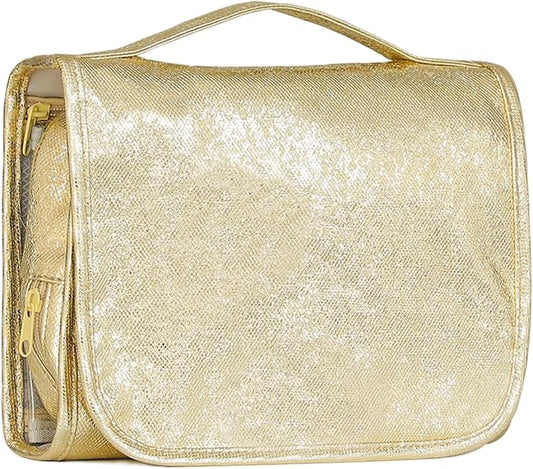 Travel Toiletry Bag for Women,Hanging Travel Toiletry Bag with Jewelry Organizer Compartment,Makeup Bag, Waterproof and Dirt Resistant, Travel Essentials, Gold