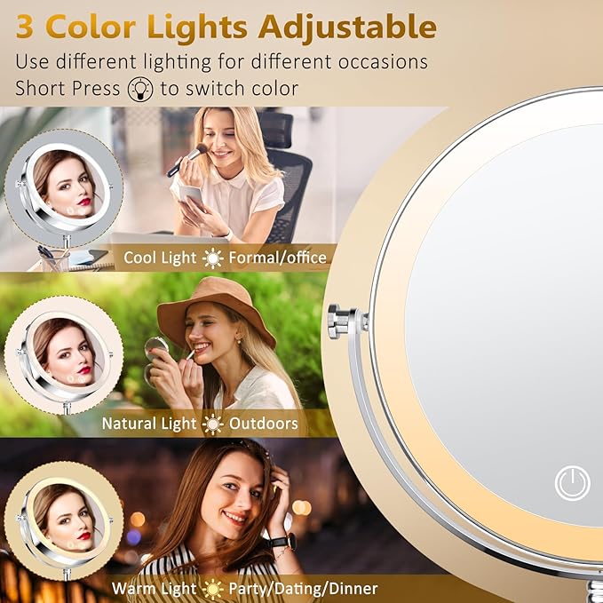 8" Lighted Makeup Mirror,1X/10X 4000mAh Rechargeable Double Sided HD Magnifying Mirror with 3 Colors Stepless Dimming,360°Rotation Touch Screen Vanity Mirror with Memory Function,Women Gift