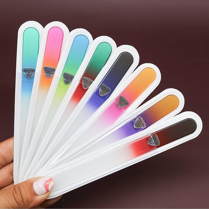 Bona Fide Beauty 8 Piece Glass Nail File Set - Crystal Files for Natural Nails with Sleeves (Multicolor)