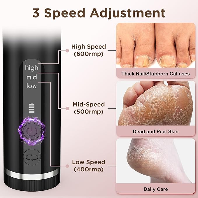 Electric Foot Callus Remover with Nano-Glass Head, Brushless Electric Foot File with 60 Pcs Sandpaper Discs, Cordless Callus Remover for Feet with 3 Speeds, Mothers Day Gift, Pedicure Tools for Feet