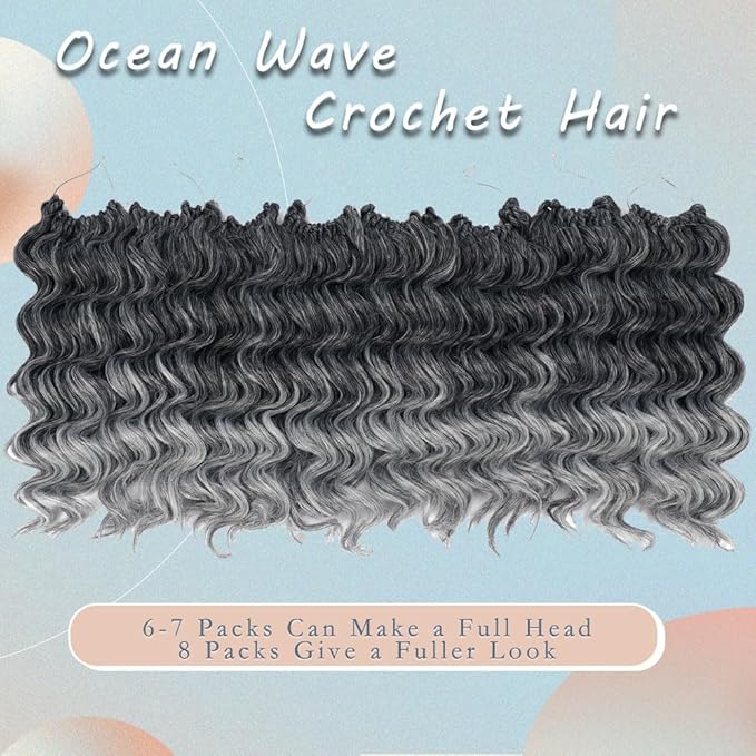 8 Packs Ocean Wave Crochet Hair Water Wave Crochet Braids for Women 14 Inch Short Curly Crochet Hair Beach Curl Deep Twist Crochet Braids Synthetic Braiding Hair Extensions (14 Inch, T1B/Gray#)