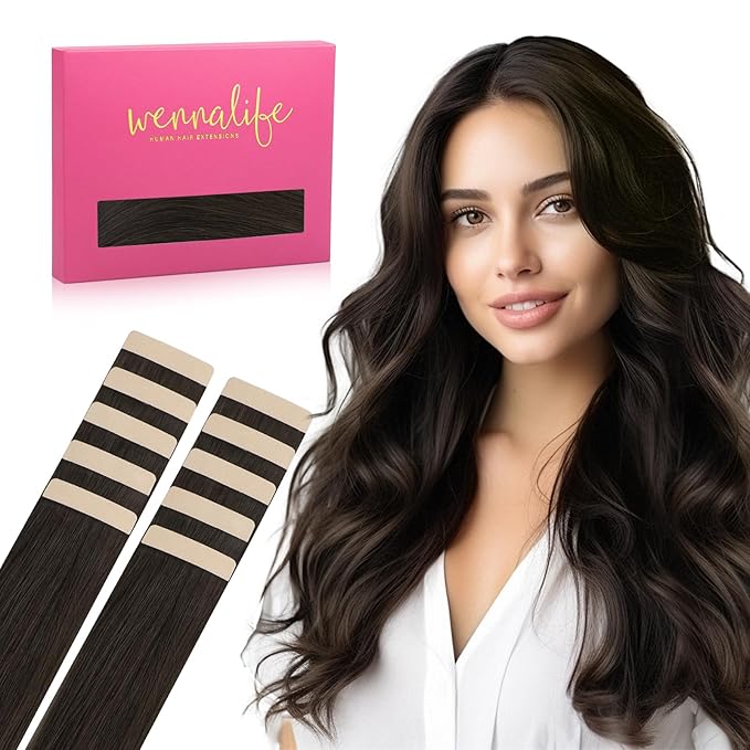 WENNALIFE Tape in Hair Extensions Human Hair Dark Brown Tape in Extensions, 10pcs 30g 20 inch Remy Invisible Tape Ins Straight Colored Soft Real Human Hair Tape in Extensions Refill Set Extensions