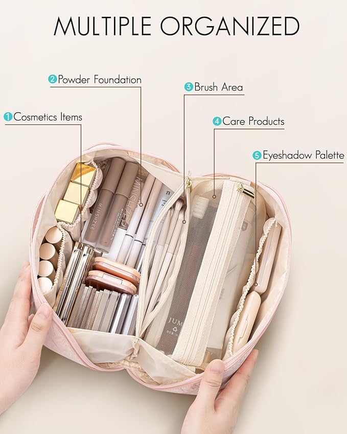 Vlando Makeup Bag,Travel Makeup Bag Waterproof Portable Cosmetic Bag PU Leather Open Flat Make up Organizer for Toiletries,Christmas Gifts Birthday Gifts for Women Girls Travelers(Sand Pink)