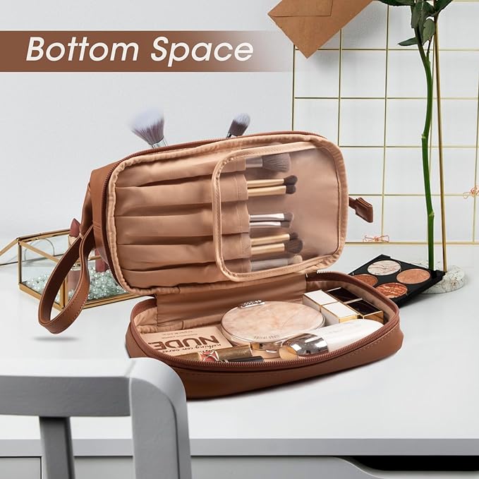 Abiudeng Large Capacity Makeup Bag Ladies Cosmetic Bag Travel Bag with Compartments Portable PU Leather Travel Makeup Bag with Handle