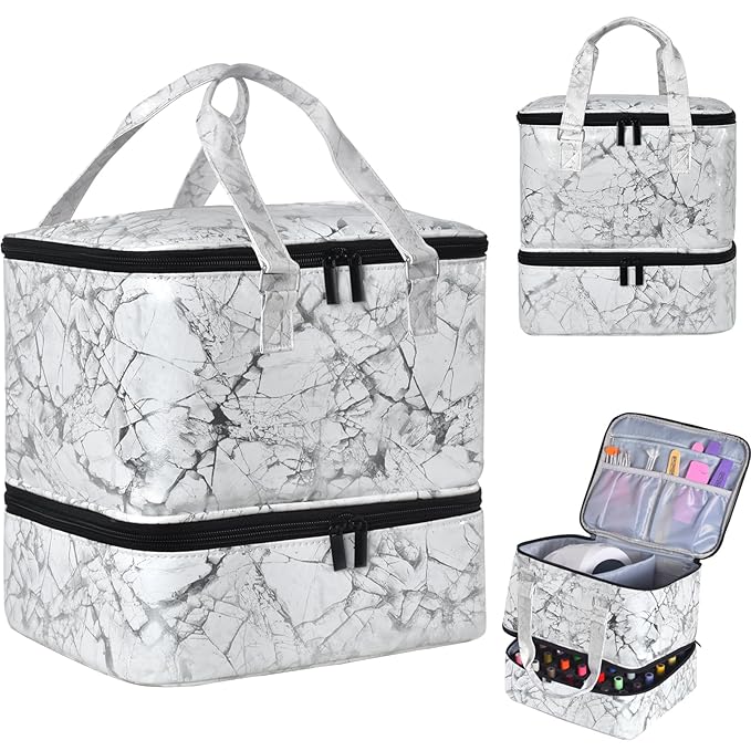 Nail Polish Organizer Case Holds 42+ Bottles(15ml/0.5 fl.oz) & Nail Lamp, Double-Layer Nail Polish Storage Organizer Case with Handle, Nail Kit Organizer and Storage Box for Nail Tech (WHITE)