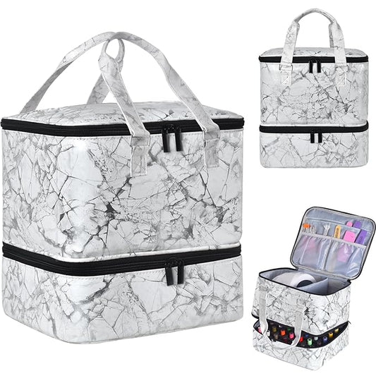 Nail Polish Organizer Case Holds 42+ Bottles(15ml/0.5 fl.oz) & Nail Lamp, Double-Layer Nail Polish Storage Organizer Case with Handle, Nail Kit Organizer and Storage Box for Nail Tech (WHITE)