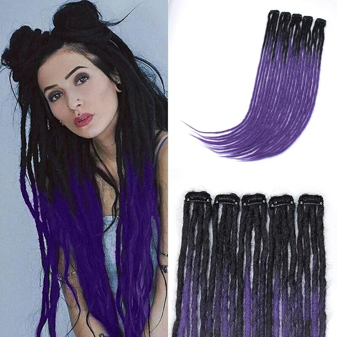 20 Strands 5 Clips In Dreadlock Extensions, 24 inch Ombre Purple Synthetic Clip In Dreads Extensions for Woman