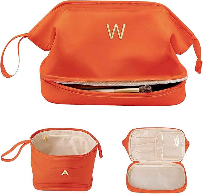 Personalized Teacher Gifts, Initial Large Makeup Bag, Personalized Double Layer Cosmetic Bag with Makeup Brush Organizer, Waterproof, Large Capacity PU Leather Toiletry Bag, Friend gifts