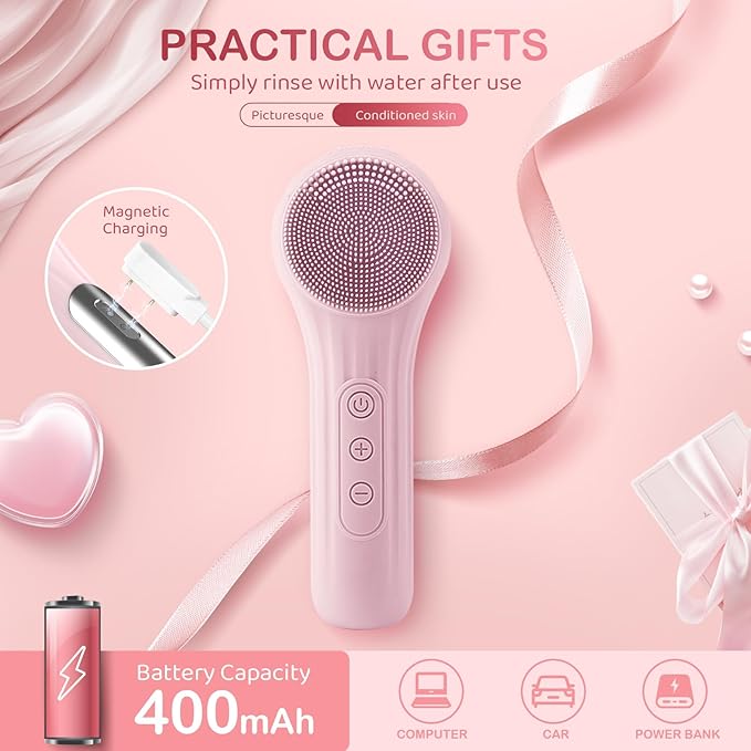 Electric Face Scrubber, Silicone Facial Cleansing Brush Rechargeable, Cleansing, Facial Scrub Exfoliator for Women Men, Waterproof Face Scrub Brush for Exfoliating, Pink