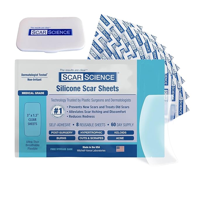 Medical Grade Silicone Scar Sheets, Small 3" Water-Resistant Silicone Scar Strips for Surgical Scars, 8 Breathable Silicone Gel Sheets for Scars w/Case