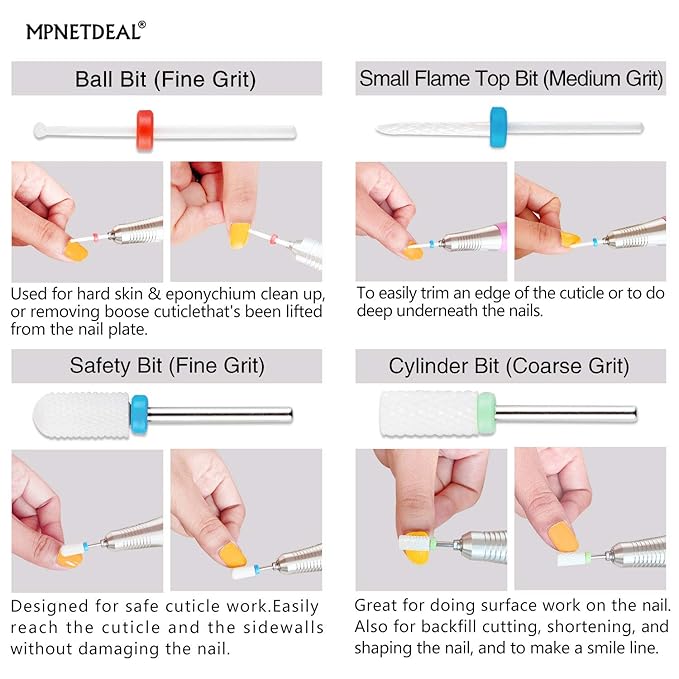 Ceramic Nail Drill Bits Set 7Pcs, Durable Less Dust, 3/32 inch for Acrylic Gel Nails Cuticle Manicure, Professional Acrylic Nail File Drill Bit