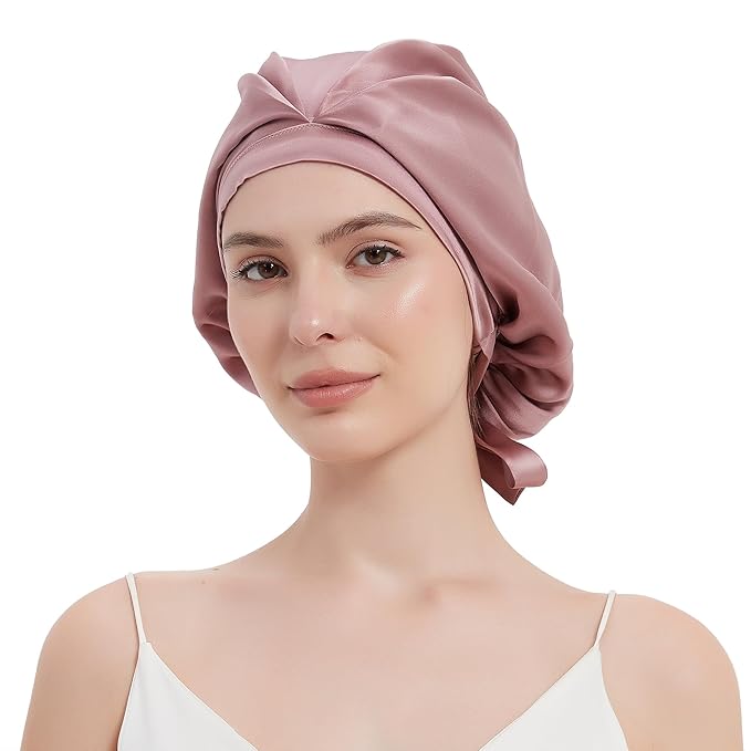 RachelSilk 100% Mulberry Silk Sleep Cap, Grade 6A 19 Momme Silk for Women Hair Care, Silk Night Bonnet with Elastic Stay On Head, Silk Cap after Shower, for Small -Medium Head Size (Rose)