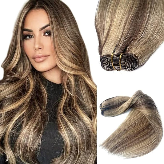 Hand Tied Weft Hair Extensions - 14 Inch Sew In Real Human Hair Weave Bundles - 80G Brown Balayage Ash Blonde Mixed Blonde