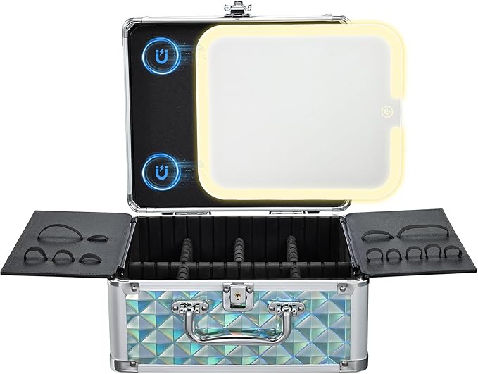 Makeup Case with Magnetic LED Mirror Travel Cosmetic Organizer Portable Makeup Box with Lighted Up Mirror Make Up Vanity Nail Box Lipstick Artist Storage with Lockable Dividers Brush Holder Shiny Blue