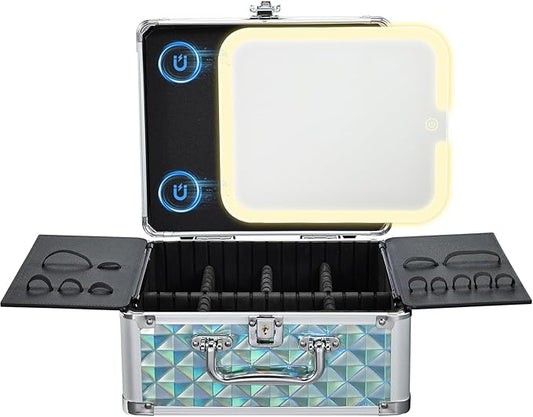 Makeup Case with Magnetic LED Mirror Travel Cosmetic Organizer Portable Makeup Box with Lighted Up Mirror Make Up Vanity Nail Box Lipstick Artist Storage with Lockable Dividers Brush Holder Shiny Blue