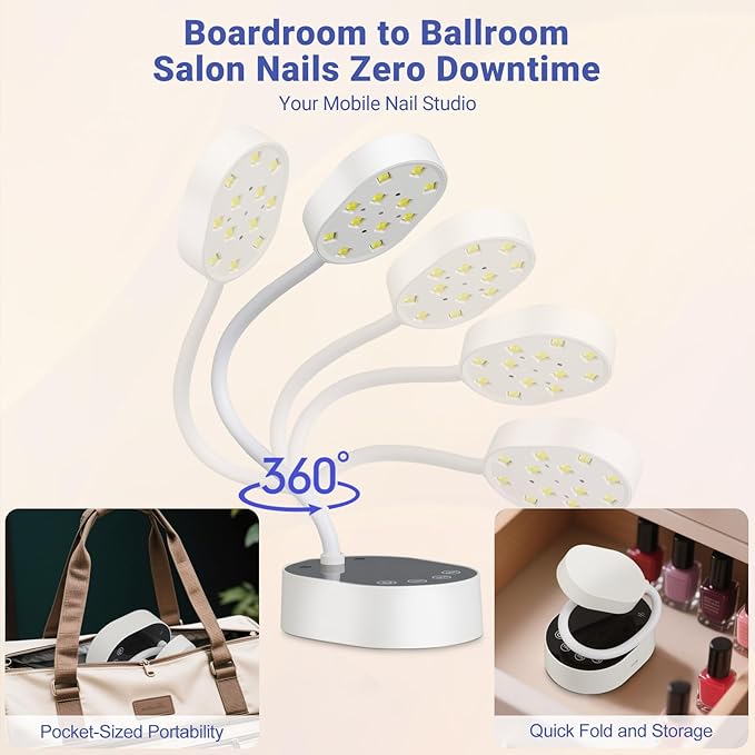 Smart Sensing UV Nail Lamp-Equipped with LED Dual Light Sources(365+405nm) for 10-Second Rapid Curing.Features Three Timing Settings,Rechargeable,and a 360-degree Adjustable Neck.