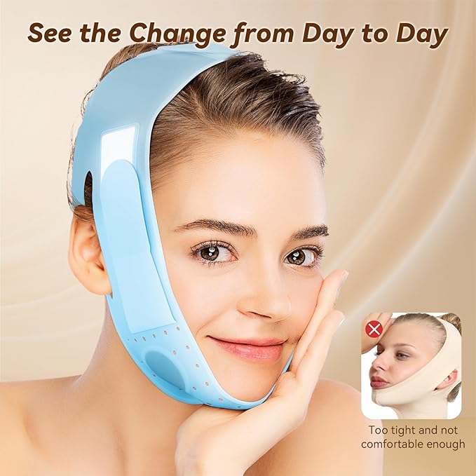 JUSRON V-Line Mask Chin Up Mask Face Strap, Soft Silicone Chin Strap V Shaped Face Mask, Jaw Exerciser 23-27 Inches (Light Blue)