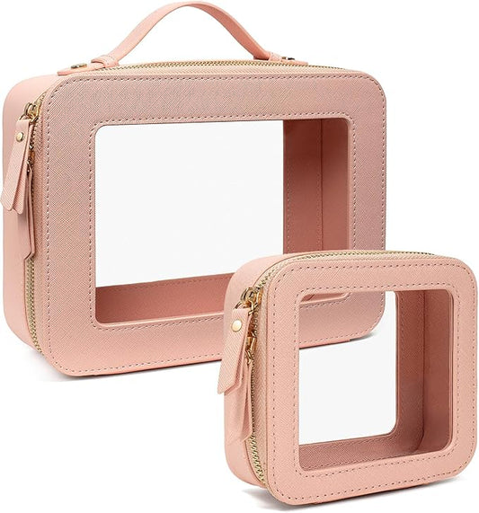 Clear Makeup Bags TSA Approved Toiletry Bag Handle Large Opening,Clear Toiletry Bags for Carry-on Traveling Travel Car Accessories Essentials Organziation Storage for Women Girls(Pink, Mini&Large)