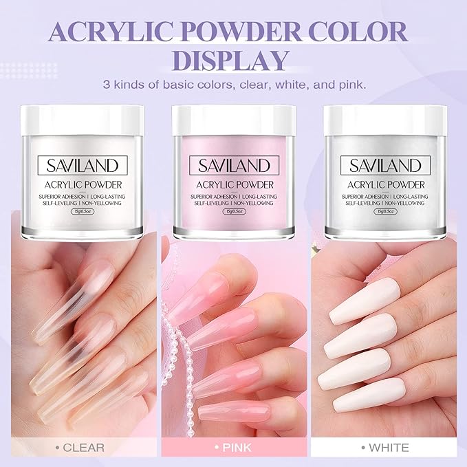SAVILAND Acrylic Nail Kit: Professional Nails Kit Acrylic Set 15g Clear/White/Pink Powder and Liquid Monomer Set with Brushes Forms Dappen Dish for Beginner DIY at Home